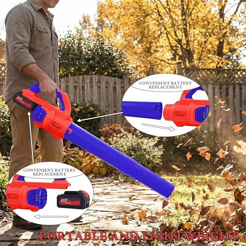 Leaf Blower Cordless with Battery and Charger, 500 CFM/200 MPH, Electric Leaf Blowers with 2 Speeds, 2 Extended Tubes, 1 x 2.0 Ah Battery-Powered Leaf Blowers for Lawn Care, Blowing Leaves, Yard(RED)