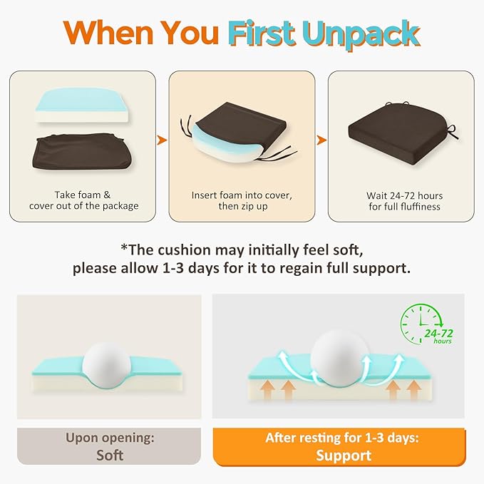 downluxe Chair Cushions for Dining Chairs, Memory Foam Linen Kitchen Chair Pads with Ties, Waterproof, Stain-Resistant and Washable Cover, 17" x 16" x 2.5", Brown, 2 Pack