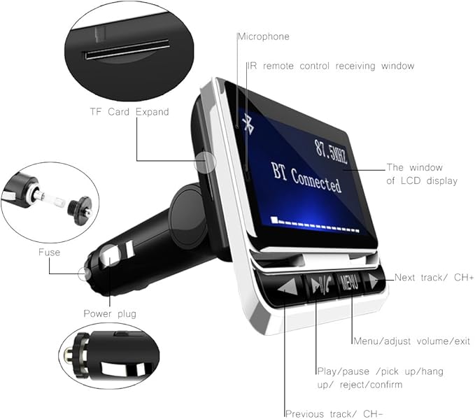 FM Transmitter, Tohayie Bluetooth Wireless Radio Adapter Audio Receiver Stereo Music Tuner Modulator Car Kit with USB Charger, Remote Control, Silver