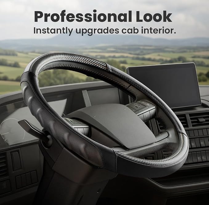 18 Inch Semi Truck Steering Wheel Cover for Freightliner Cascadia, Kenworth T680 T880, Peterbilt 579 & Volvo VNL – Heavy Duty Anti-Slip Leather Grip for Big Rig Class 8 Trucks – Black