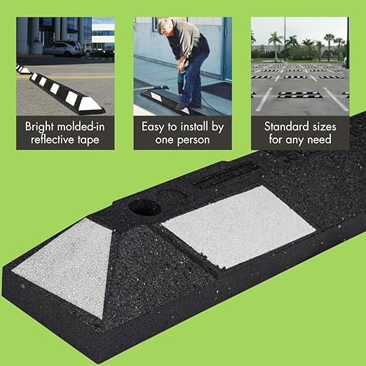Checkers Park-It® 6 Foot Long 100% Recycled Rubber Parking Stop, 6' x 6" x 4", Parking Lot Curb Wheel Stopper, Highly Visible Black/White, GNRS1620WH