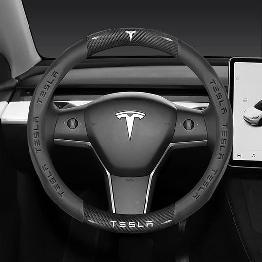 fir for Tesla Steering Wheel Cover,Carbon Fiber Texture Nappa Leather,Custom Embossed Logo,Round Shape, Car Steering Wheel Protector Compatible with Tesla Model 3 Model y Accessories