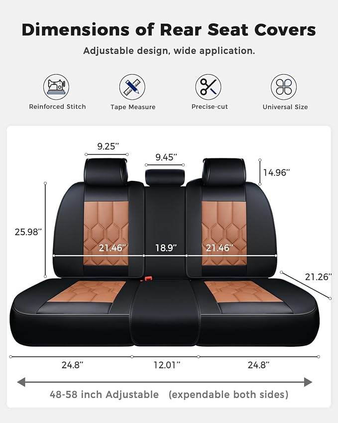 Huidasource Seat Covers Full Set, Universal Fit for Most Cars SUV Trucks, Full Coverage Leather Seat Cover, Airbag, Cupholder Compatible, Seat Function Retain, Easy Install with Velcro, Black & Brown