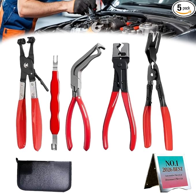 Automotive Electrical Disconnect Pliers Kit 5pc Fuel Line Tool Set Hose Clamp 60° Angled Connector Separator Trim Clip Removal Tools Plug Release & Wire Terminal Remover for Auto Repair