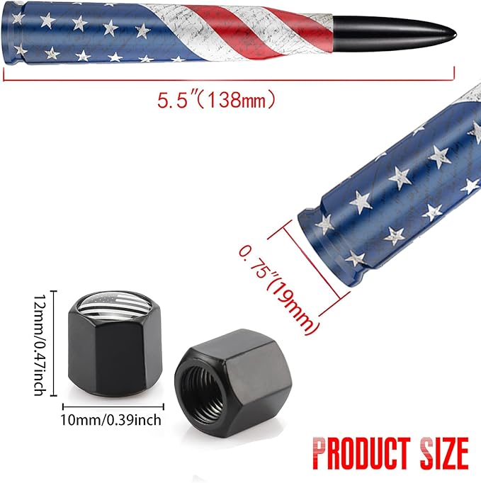 Car Truck Bullet Antenna with Valve Stem Caps for F150 F250 F350 Super Chevrolet Duty Raptor Dodge Ram 1500 2500 3500,Pickup Jeep Accessories（Black ）- American Flag Design-Car Wash Safe