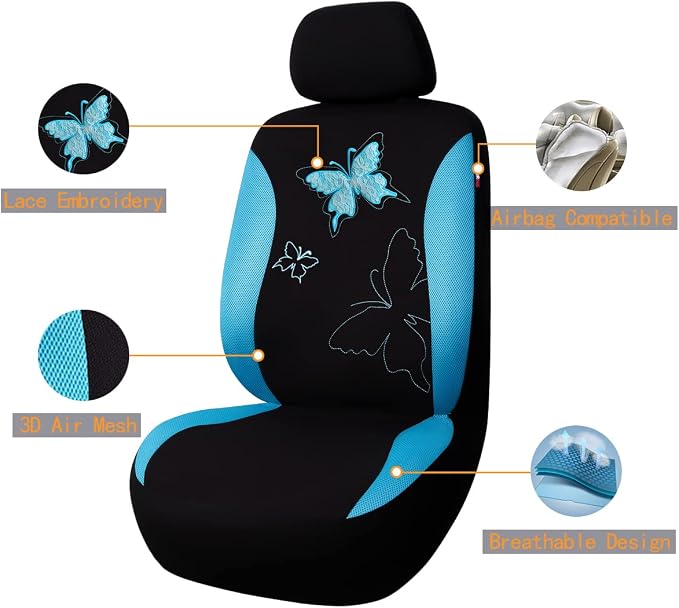 Flying Banner Butterfly car seat Covers ful Set Fashion Universal Lady Woman Female Rear Bench Back Split Colorized (Mint Blue, Full Set - Lace)