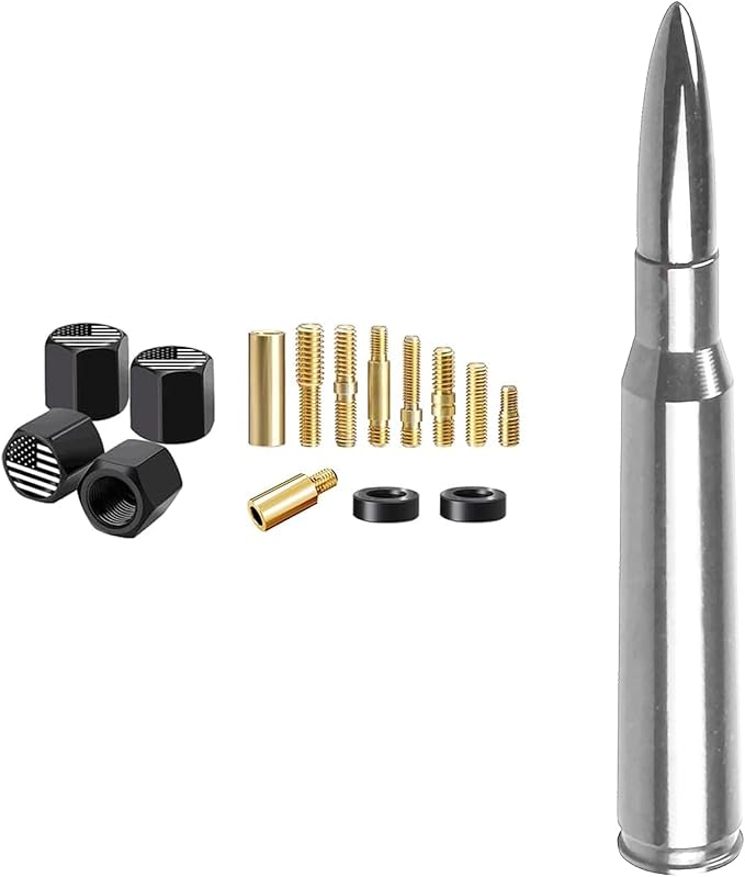 HVSTTPK Truck Car Bullet Antenna with Valve Stem Caps Mast for GM Chevy Silverado 1500 2500 3500 HD Ford F150 F250 F350 Denali Heavy Pickup Jeep Truck Accessories (Chrome)