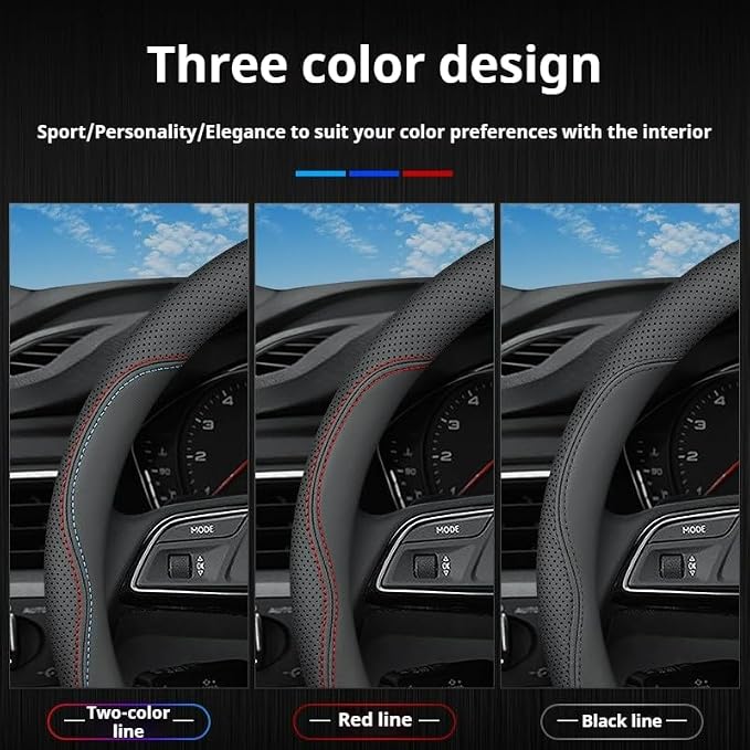 RYE for BMW Steering Wheel Cover, Leather Car Steering Wheel Cover Heavy-Duty Durable Breathable, Custom-fit for BMW X3 X5 X7 3/5/7 Series 328i 550i Accessories - Black Pattern 3