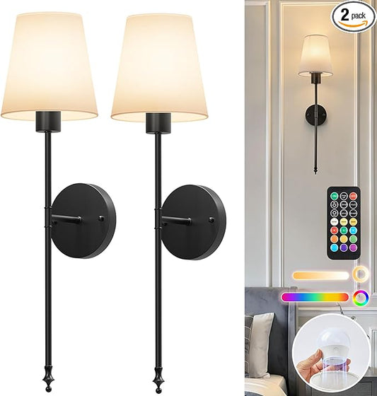 Brightown Battery Operated Wall Sconce Set of 2,Wireless Rechargeable Wall Lights with Dimmable Magnetic Bulbs and Remote for Living Room，12 Colors Black Wall Lamp for Bedroom Hallway Decor