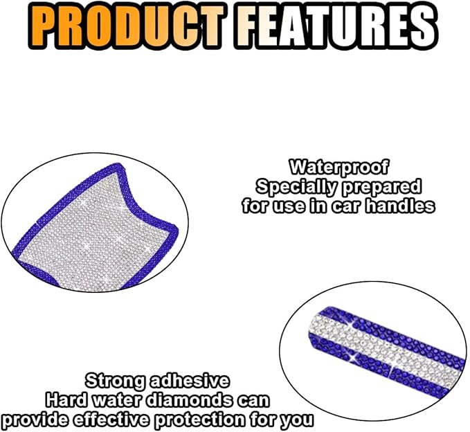 JOYCOURT 10PCS Bling Car Door Handle Anti-Scratch Sticker, Universal Car Doors Handles Protective Cover, Shiny Rhinestone Auto Decor Accessories for Women (Blue&White)