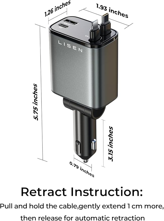 LISEN Retractable Car Charger, 84W Car Charger USB C Fast Charger Adapterfor iPhone, Travel Essentials Car Accessories for Men Women, Gifts for Fathers Day for Men Women for iPhone 17 16 15 14 13 12