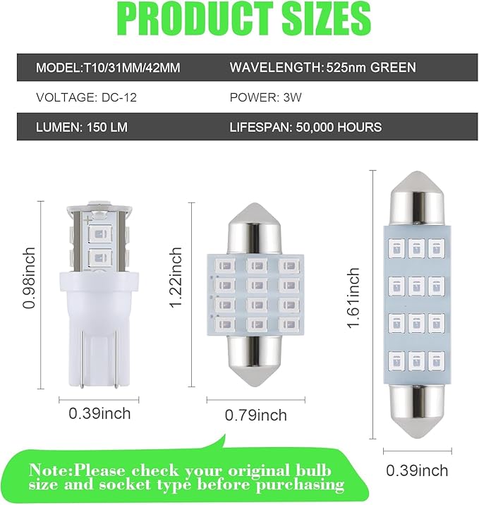 iFunyLED 24 Pieces Dome Light LED Car Interior Bulb Kit Set 194 T10 DE3175 578 31mm 42mm Bulbs Interior Replacement Lights for Car Map License Plate Door Side Marker Cornering Trunk Light - Green