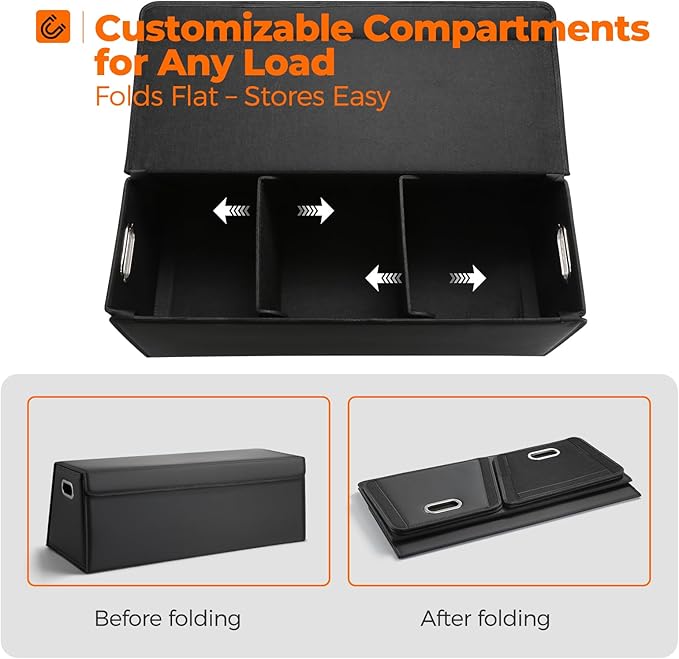 Fyzeoty Car Organizers and Storage - Trunk Organizer for Suv Car,Car Trunk Leather Storage Box,Extra Large,Magnetic Lid,Collapsible and Adjustable Trapezoidal-Black