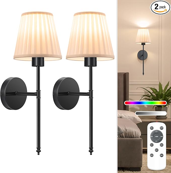NIORSUN 19.9 inch Battery Operated Wall Sconce Set of 2,Beige Black Rechargeable Wall Lights with 5200mAh Dimmable Bulbs and Remote,9 Colors Wireless Wall Lamps for Bedroom Living Room Decor