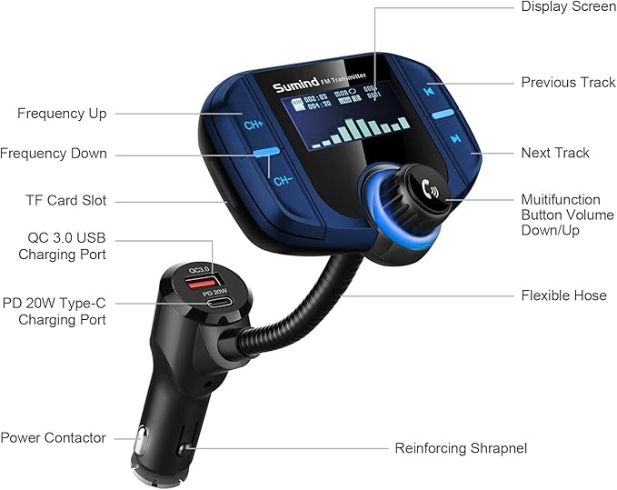 Sumind 2026 Upgraded Wireless Bluetooth Car Adapter FM Transmitter, 1.7'' LCD Display, Flexible Gooseneck, 20W QC3.0&Dual USB Ports, AUX Input/Output for Hands-Free Call, Micro/TF Card(Blue,PD)