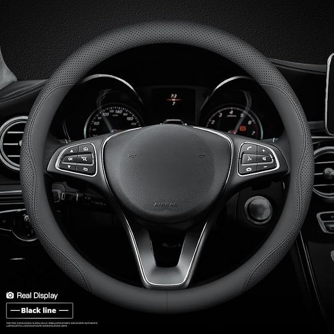 RYE for BMW Steering Wheel Cover, Leather Car Steering Wheel Cover Heavy-Duty Durable Breathable, Custom-fit for BMW X3 X5 X7 3/5/7 Series 328i 550i Accessories - Black Pattern 2