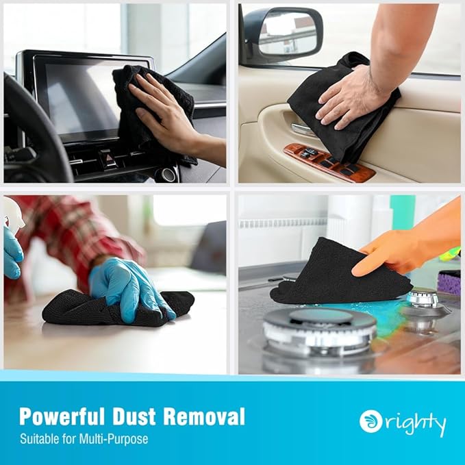 Orighty Microfiber Cleaning Cloth, 12 Pack Microfiber Towels for Cars, Highly Absorbent Car Cleaning Supplies, Lint Free Cloths Clean Rags for Car Care, House, Kitchen, 12x11 inch, Black