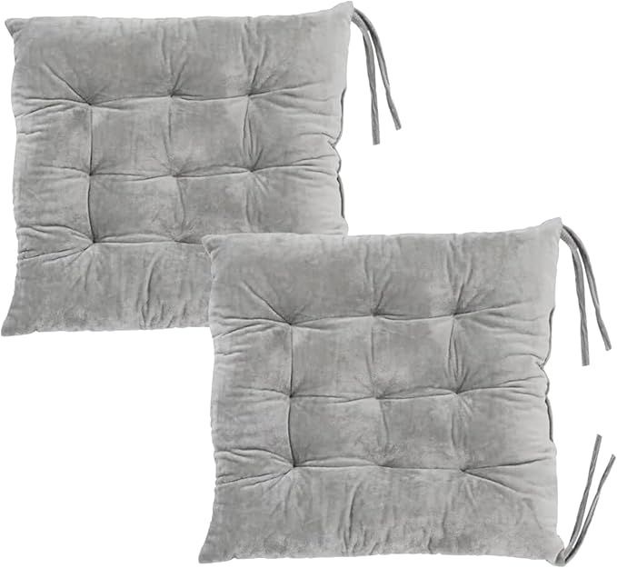 2 Pack Square Seat Cushion Chair Pads for Kitchen Dining Chairs, Soft Comfort Velvet Chair Mat Pillow Cushions with Ties for Office Desk Living Room Tatami 15.5", Gray