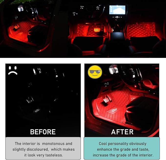 Yourkar Car LED Strip Light, 24 LED Auto Interior Under Dash Atmosphere Lights with USB Port, Vehicle Decor Lamp Ambient Night Light Strip Lighting Kit, Universal Car Accessories (Red)