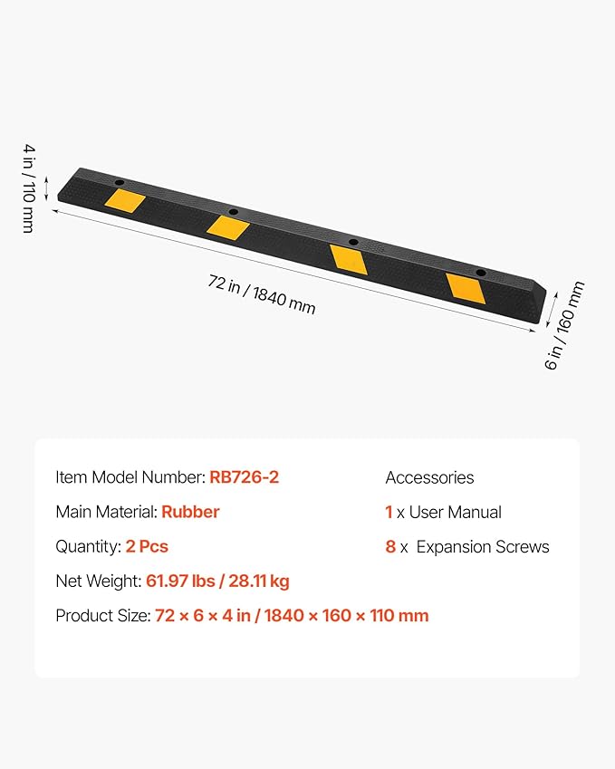 VEVOR Parking Stopper, 72 Inch 2 Pcs Heavy Duty Parking Aid for Garage, Rubber Curb Garage Floor Stopper with Reflective Strips, Aid Gadgets for Cars Vans Trucks Tire Wheel Guide Block Stops Bumpers