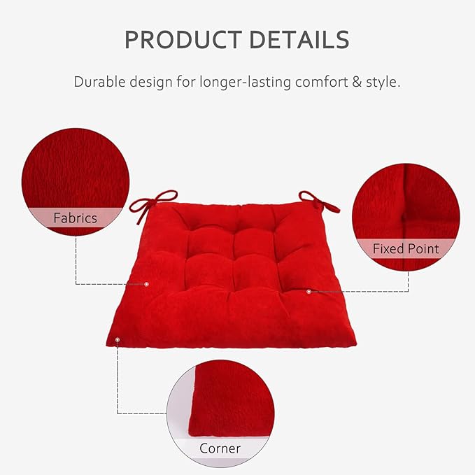 ELFJOY Set of 4 Square Chair Pads Indoor Seat Cushions Pillows with Ties Thick Soft Seat Cushion for Kitchen Dining Office Chair (18", Red)