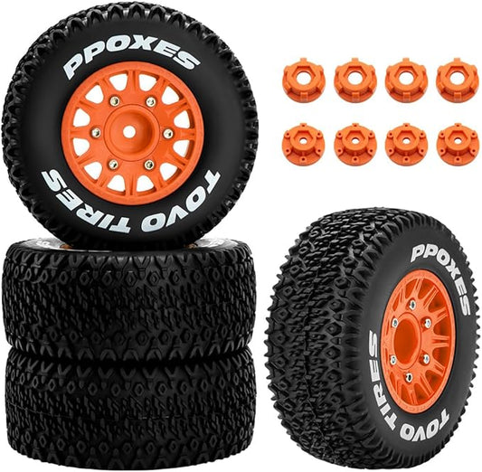 GLOBACT 12mm/14mm Hex RC Wheels and Tires 1/10 RC Truck Tires for Arrma Senton Fury Slash Axial Losi Redcat Rc4wd Hex Detachable Replacement (Orange 4PCS)