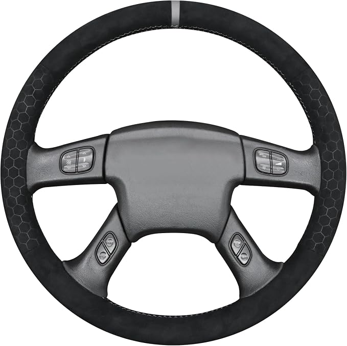MEWANT Suede Steering Wheel Cover for Chevy Silverado 1500 2003-2006 DIY Hand-Stitched Non-Slip Grip Black Embossed Wrap