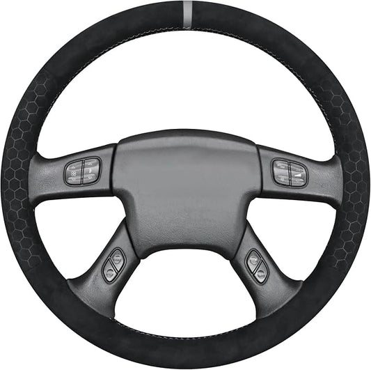 MEWANT Suede Steering Wheel Cover for Chevy Silverado 1500 2003-2006 DIY Hand-Stitched Non-Slip Grip Black Embossed Wrap