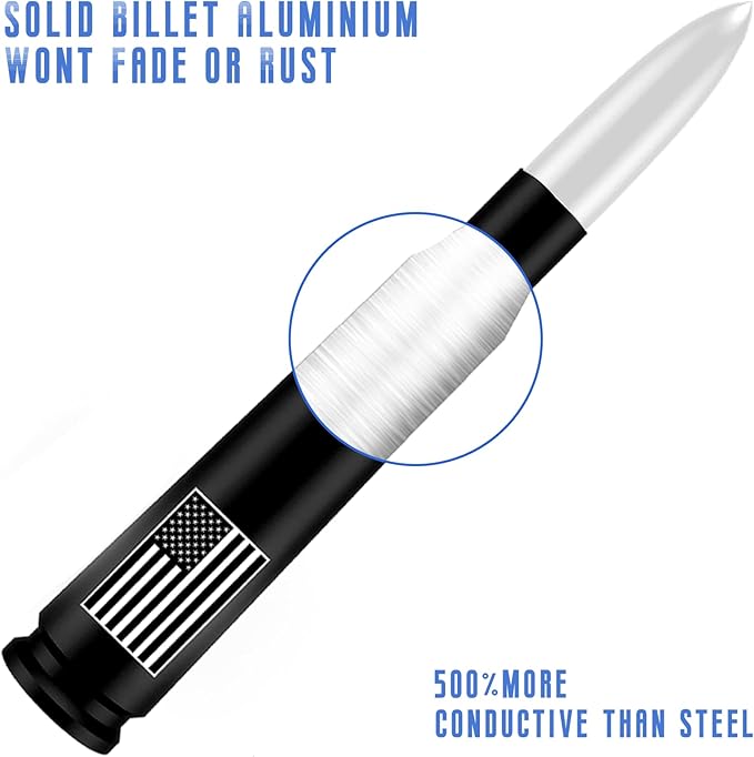 American Flag Car Truck Bullet Antenna with Valve Stem Caps, Universal Mast for GM Chevy Silverado 1500 2500 3500 HD Avalanche Ford F150 F250 F350 Denali Heavy Duty Pickup Trucks Accessories (Silver)