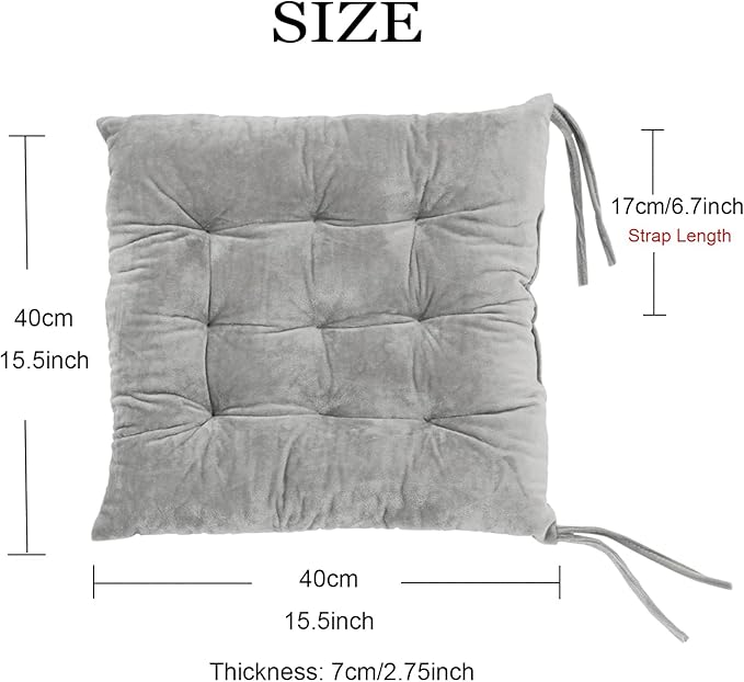 Set of 4 Square Chair Pads Indoor Seat Cushions Pillows with Ties Soft Comfortable Non Slip Chair Mat for Kitchen Dining Office Desk Living Room Outdoor Tatami 15.5" - Gray