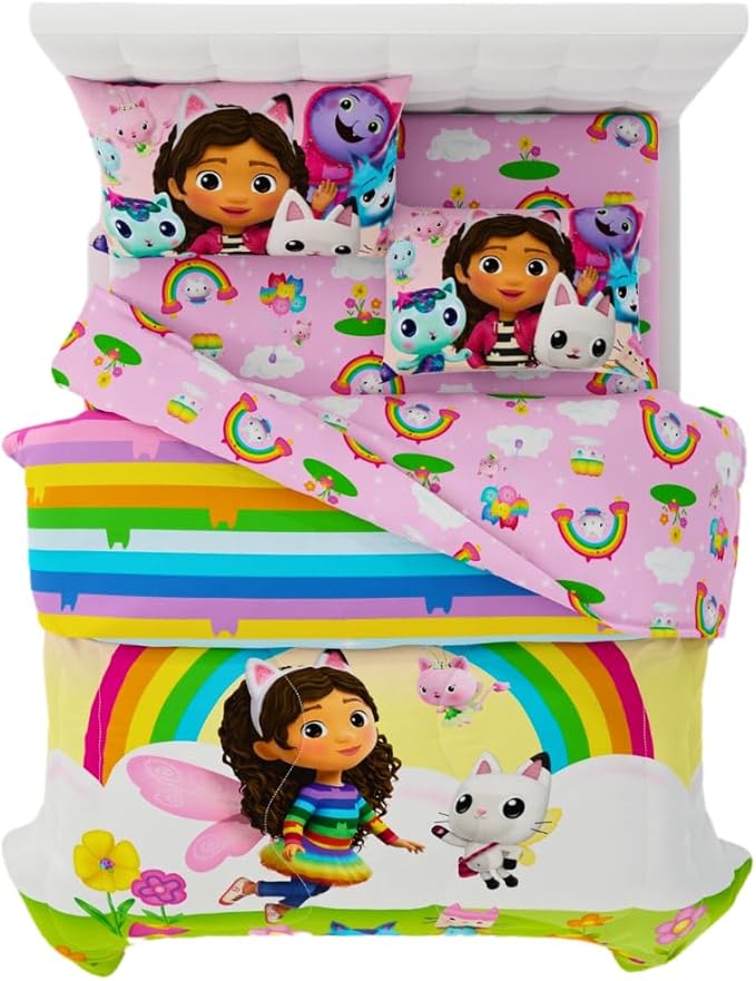 DreamWorks Gabby's Dollhouse Cakey, Mercat and Pandy Kids Bedding Super Soft Comforter and Sheet Set, 5 Piece Full Size, (Official Licensed Product) by Franco