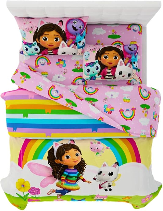 DreamWorks Gabby's Dollhouse Cakey, Mercat and Pandy Kids Bedding Super Soft Comforter and Sheet Set, 5 Piece Full Size, (Official Licensed Product) by Franco