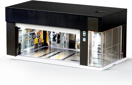 1/64 Scale Diecast Display Case for Hot Wheel Storage with LED Lights, Stackable Electric Garage with Voice Control, 3 Replaceable 3D Scenes Parking Lot Diorama for Model Cars (Black)