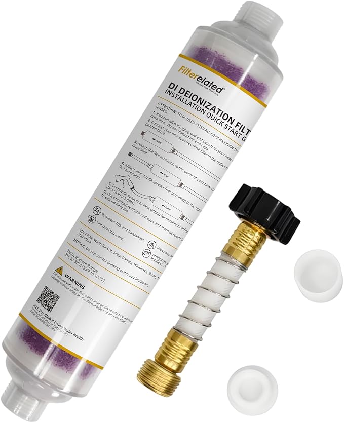 Filterelated Spotless Car Wash Inline Deionizer with Visual Resin Technology-Transparent Housing,Color-Changing Media (Purple to Brown),Includes Hose Extension&Caps for RV,Auto,Solar,Spot-Free Rinse