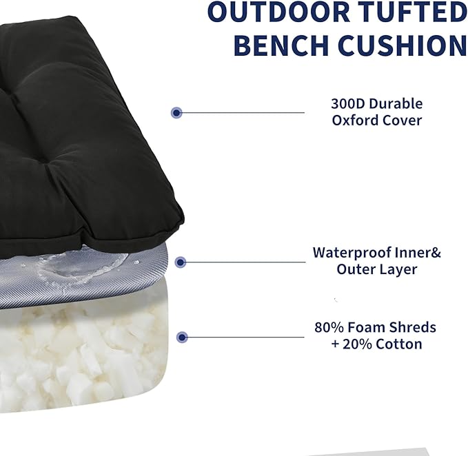 IPYNBAP Outdoor Bench Cushion, 48x18x5 Inch, Waterproof Bench Cushion for Outdoor/Indoor Furniture, Tufted Patio Bench Seat Cushion, Fade Resistant Outdoor Cushions for Porch Swing Couch, Black