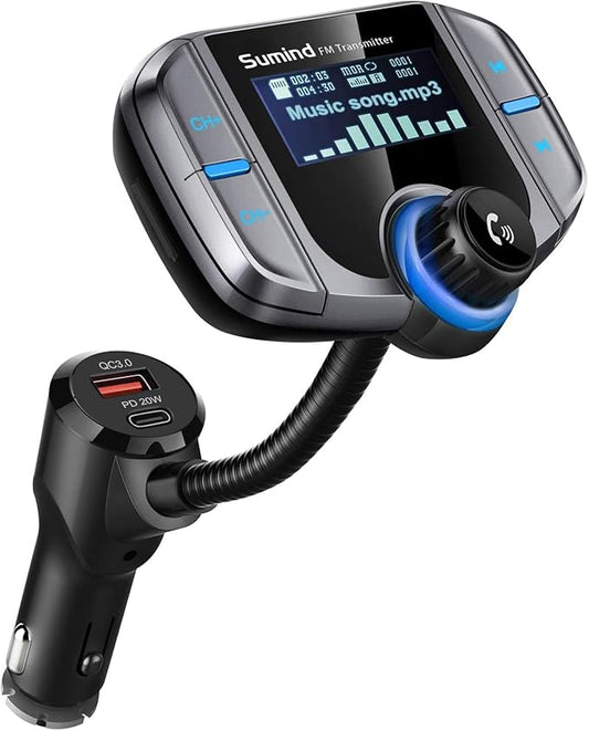 Sumind 2026 Upgraded Wireless Bluetooth Car Adapter FM Transmitter, 1.7'' LCD Display, Flexible Gooseneck, 20W QC3.0&Dual USB Ports, AUX Input/Output for Hands-Free Call, Micro/TF Card(Grey,PD)