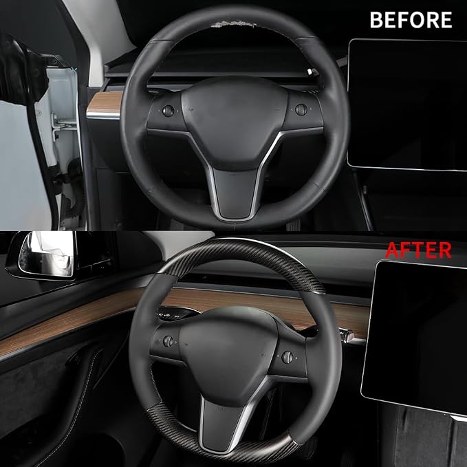 JSWAN Real Carbon Fiber Steering Wheel Cover for Tesla Model 3 2017 to 2023 Model Y 2020 to 2024 Steering Wheel Cover Steering Wheel Wrap Protector Interior Accessories (Matte Black 2Pcs)