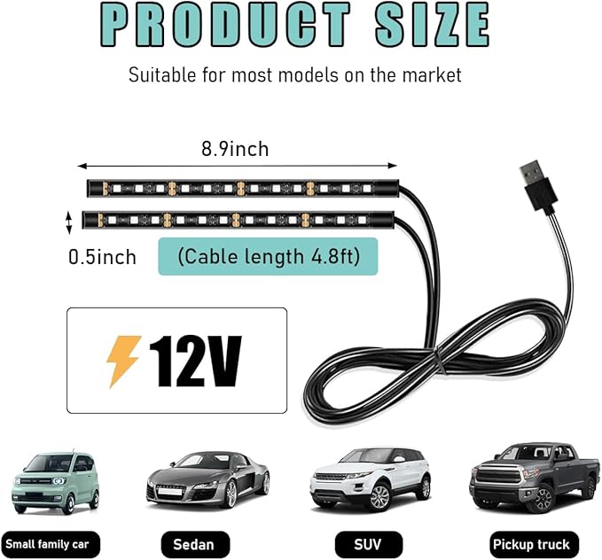 Yourkar Car LED Strip Light, 24 LED Auto Interior Under Dash Atmosphere Lights with USB Port, Vehicle Decor Lamp Ambient Night Light Strip Lighting Kit, Universal Car Accessories (Ice Blue)