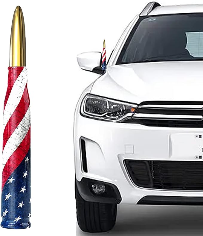 American Flag Car Truck Bullet Antenna with Valve Stem Caps, Universal Antenna Mast for GM Chevy Silverado 1500 2500 3500 HD Avalanche Ford F150 F250 F350 Heavy Duty Pickup Jeep Accessories (Gold)