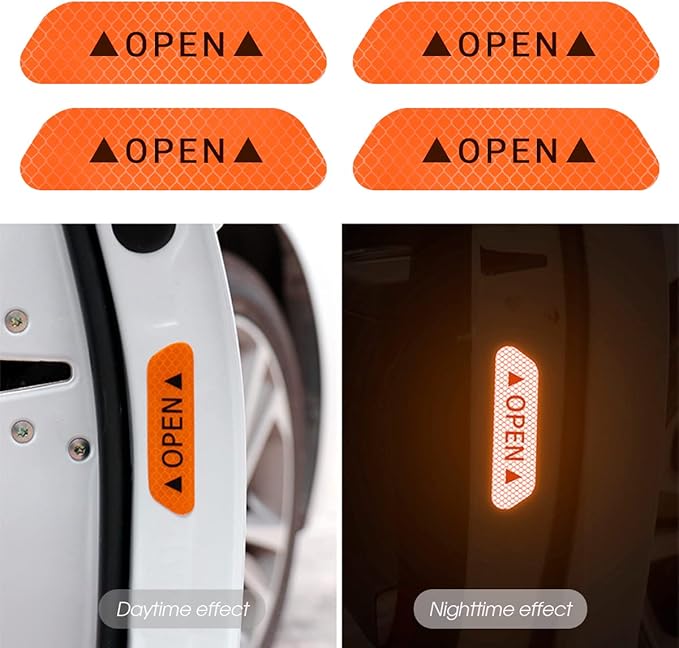 4PCS Reflective Open Warning Stickers for Car Door, Night Visibility Auto Safety Prompt Decals, 3.6 Inch Anti-Collision Protective Strip Tape, Car Accessories Universal for Truck, SUV, Van (Orange)