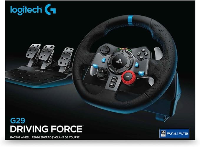 Logitech G29 Driving Force Racing Wheel and Floor Pedals, Real Force Feedback, Stainless Steel Paddle Shifters, Leather Steering Wheel Cover, Adjustable Floor Pedals, EU-Plug, PS4/PS3/PC/Mac, Black