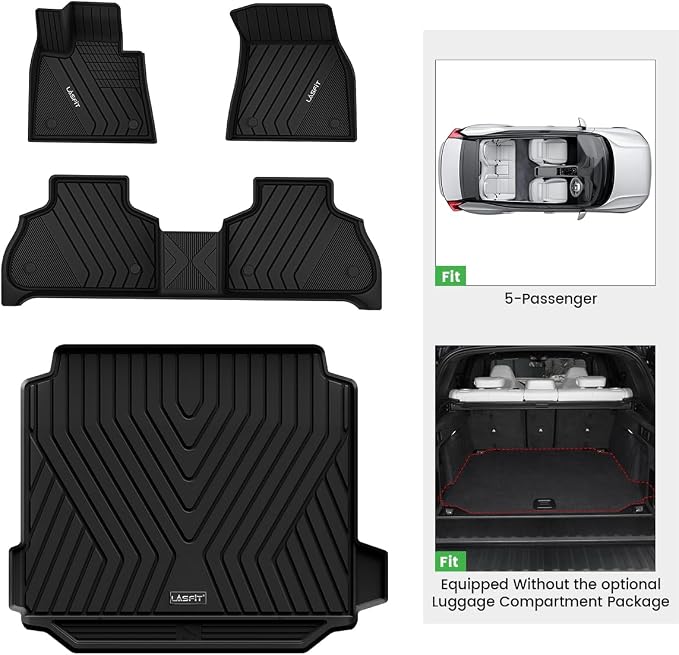 LASFIT Floor Mats&Trunk Mat Fit for BMW X5 2019-2024 2025 2026 40i/45e/50e/50i/M/M50i/M60i, All Weather TPE Custom Fit 1st&2nd Row Full Set Car Mats & Cargo Liner(Only for 5 Passengers), Black