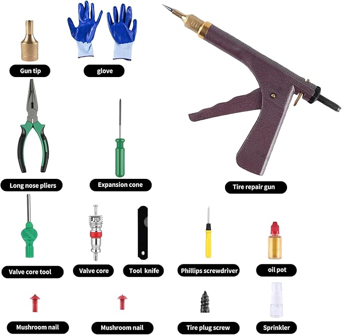 Tire Repair Kits Tubeless Tire Puncture Repair Kit with Mushroom Plug, Repairs punctures and Flat Tires for Motorcycles, Cars, Trucks, ATVs,Gun Puncture Repair Kit(Air Pump not Included Red)