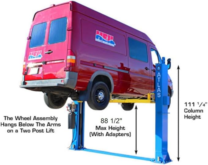 Atlas Automotive Equipment BP12000X 2-Post Commercial Grade Vehicle Lift, Baseplate, Open-top Style, 10’4” Minimum Ceiling Height, 12,000lb Capacity, 3-Stage Symmetric Arms, For Low Ceiling Garage Use