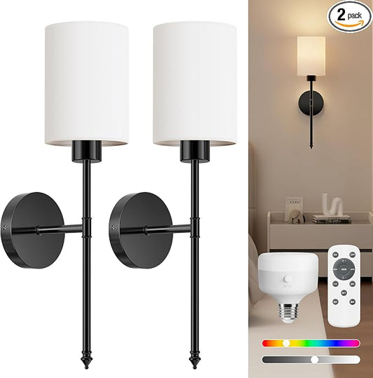 NIORSUN 20.67 inch Battery Operated Wall Sconce Set of 2, Black Rechargeable Wall Lights with 10400mAh Dimmable Bulbs and Remote, 9 Colors Wireless Wall Lamps for Bedroom Living Room Hallway