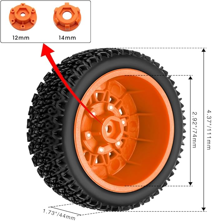 GLOBACT 12mm/14mm Hex RC Wheels and Tires 1/10 RC Truck Tires for Arrma Senton Fury Slash Axial Losi Redcat Rc4wd Hex Detachable Replacement (Orange 4PCS)