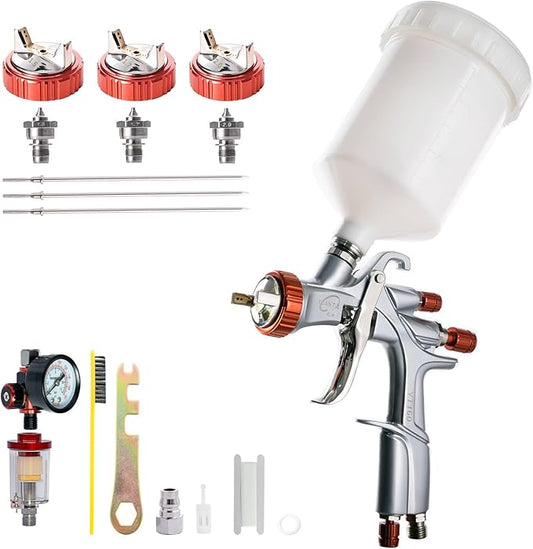 DAXINYANG YT-160/R500 LVLP Air Spray Gun with 1.3/1.5/1.7/2.0mm Nozzles and Air Regulator & Oil Water Separator, R500 Paint Guns Automotive, Paint Gun for House Painting, Car, Furniture