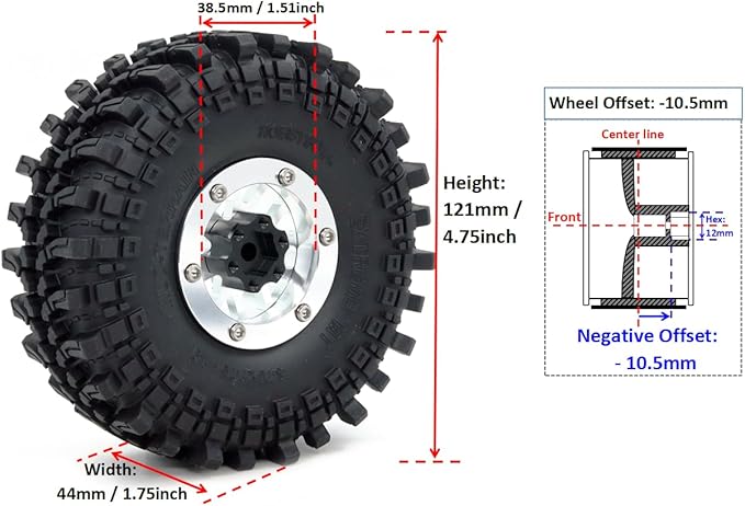 HOBBYSOUL 4pcs 1.9 Beadlock Wheels and Tires 121mm Tall, -10.5mm Negative Offset 1.9'' Rims and tyre for 1/10 RC Crawler SCX10 TRX4 Gen8 Upgrades