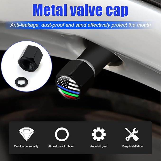 4PCS American Flag Tire Valve Stem Caps for Car, Auto Anti-Rust Airtight Rubber Valve Stem Covers, Leakproof Wheel and Tire Exterior Accessories Universal for Car, Bikes,Vehicles (Black/Multicolor)