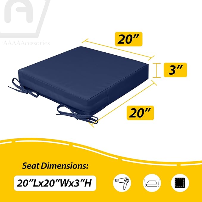 AAAAAcessories Outdoor Seat Cushions for Chairs, Waterproof, Fade-Resistant, 20" x 20" x 3", Patio Furniture Replacement Cushions, Set of 2, Navy Blue